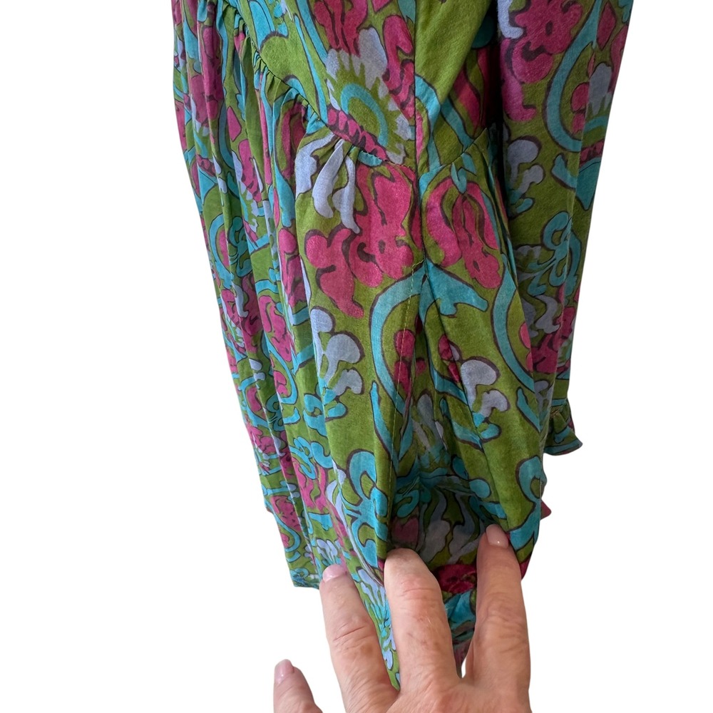 Bella Tu Women XL Green Pink Block Print Ruffle Dress Side Zip Pockets - Picture 4 of 14